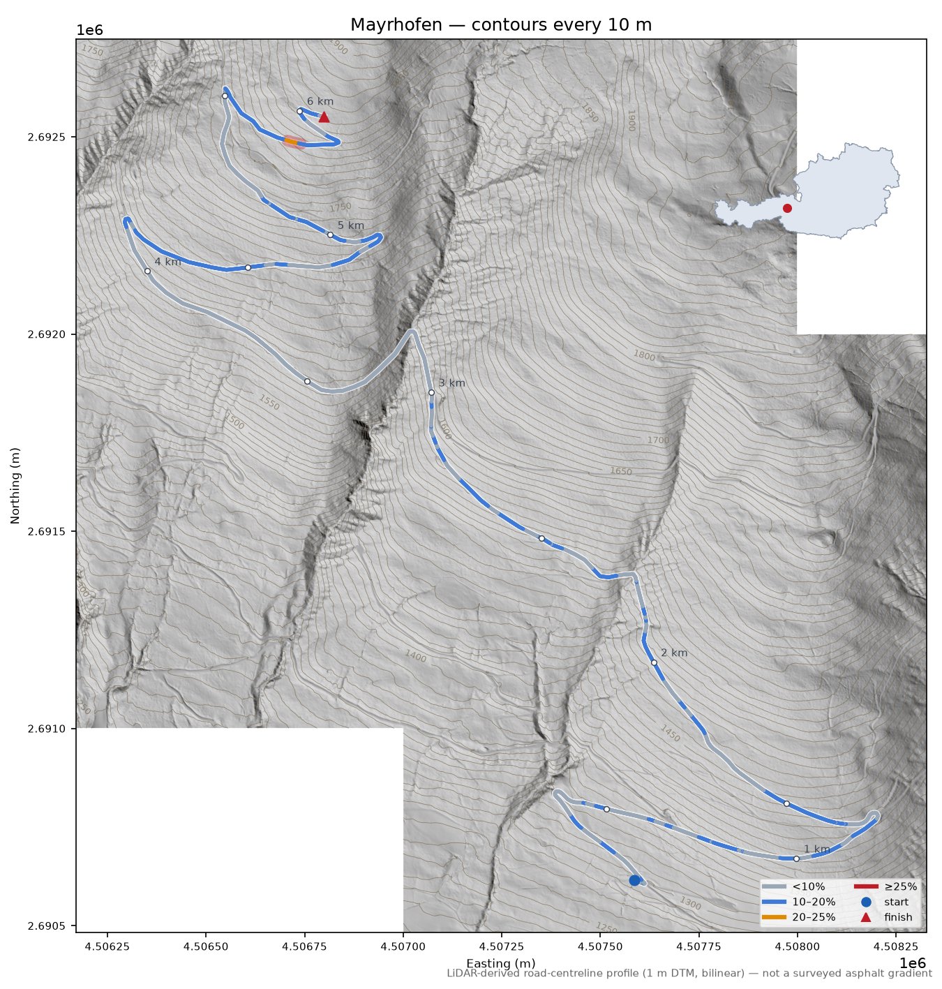 Mayrhofen LiDAR hillshade map with contours