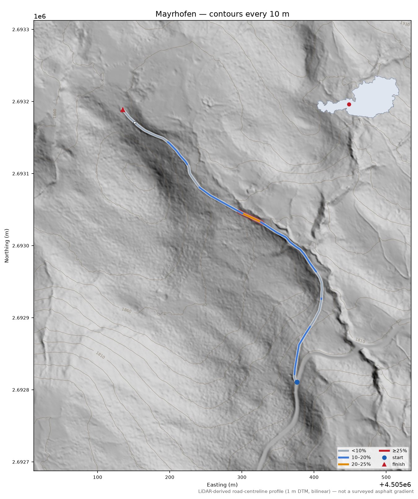 Mayrhofen LiDAR hillshade map with contours