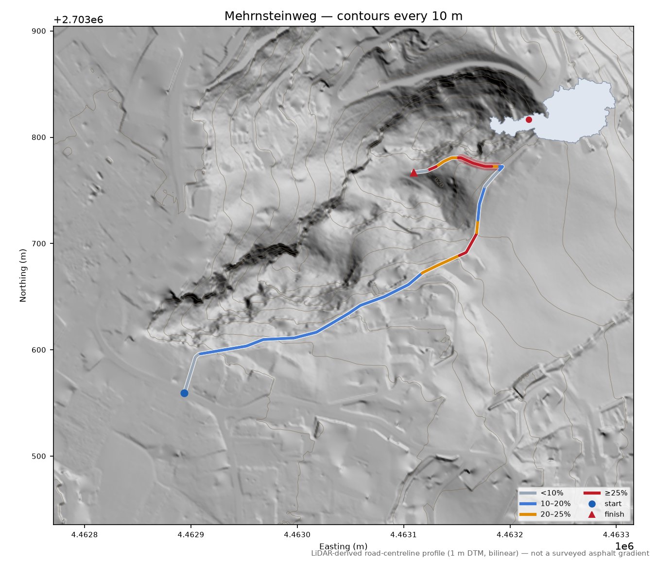 Mehrnsteinweg LiDAR hillshade map with contours
