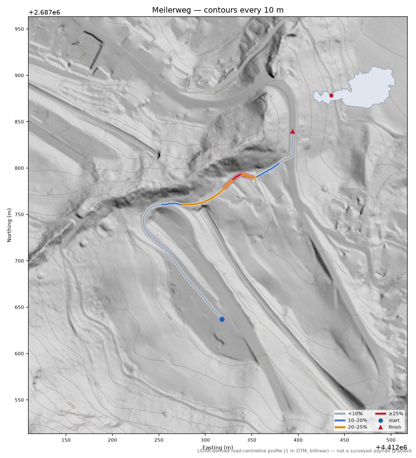 Meilerweg LiDAR hillshade map with contours