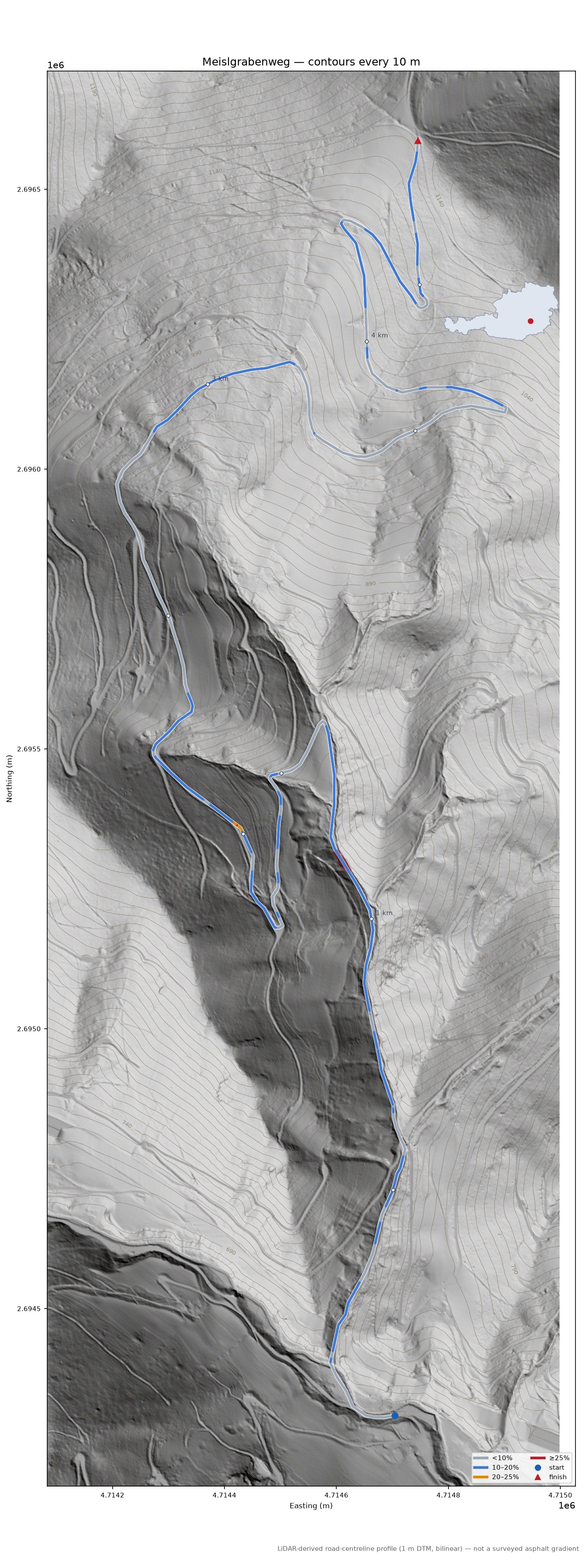 Meislgrabenweg LiDAR hillshade map with contours