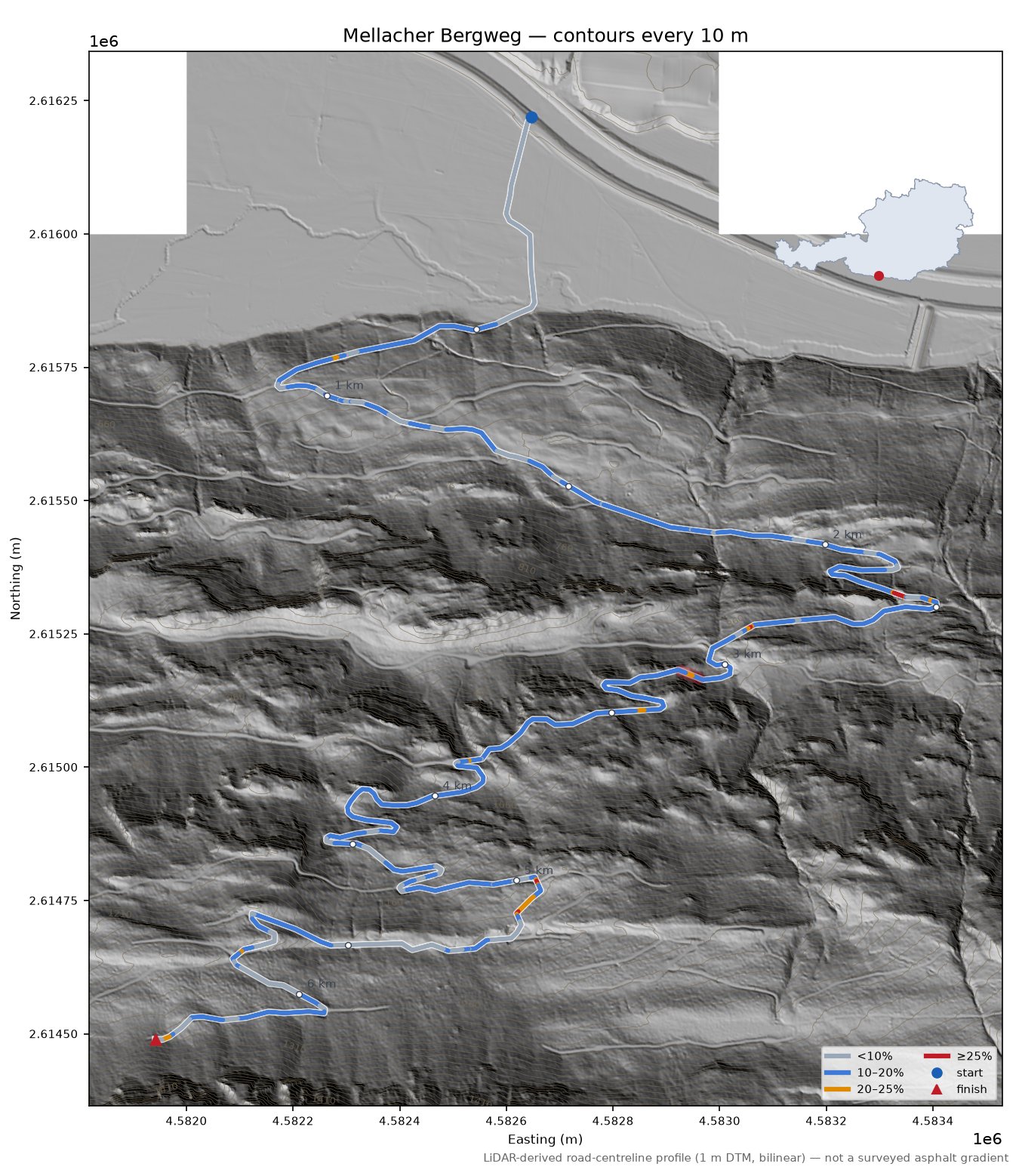 Mellacher Bergweg LiDAR hillshade map with contours