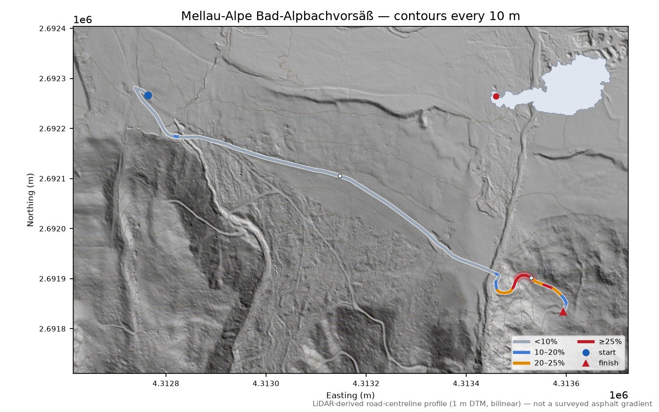Mellau-Alpe Bad-Alpbachvorsäß LiDAR hillshade map with contours