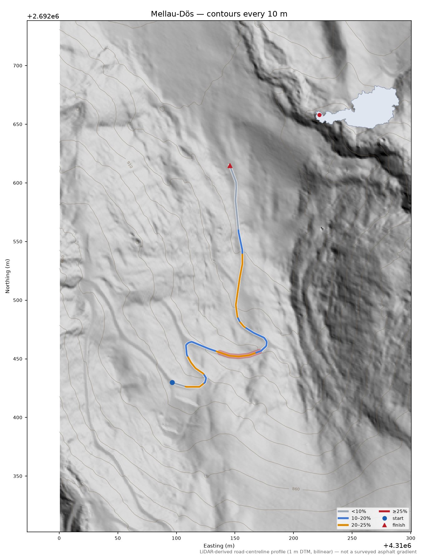 Mellau-Dös LiDAR hillshade map with contours