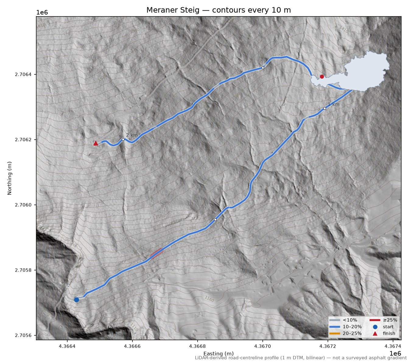 Meraner Steig LiDAR hillshade map with contours