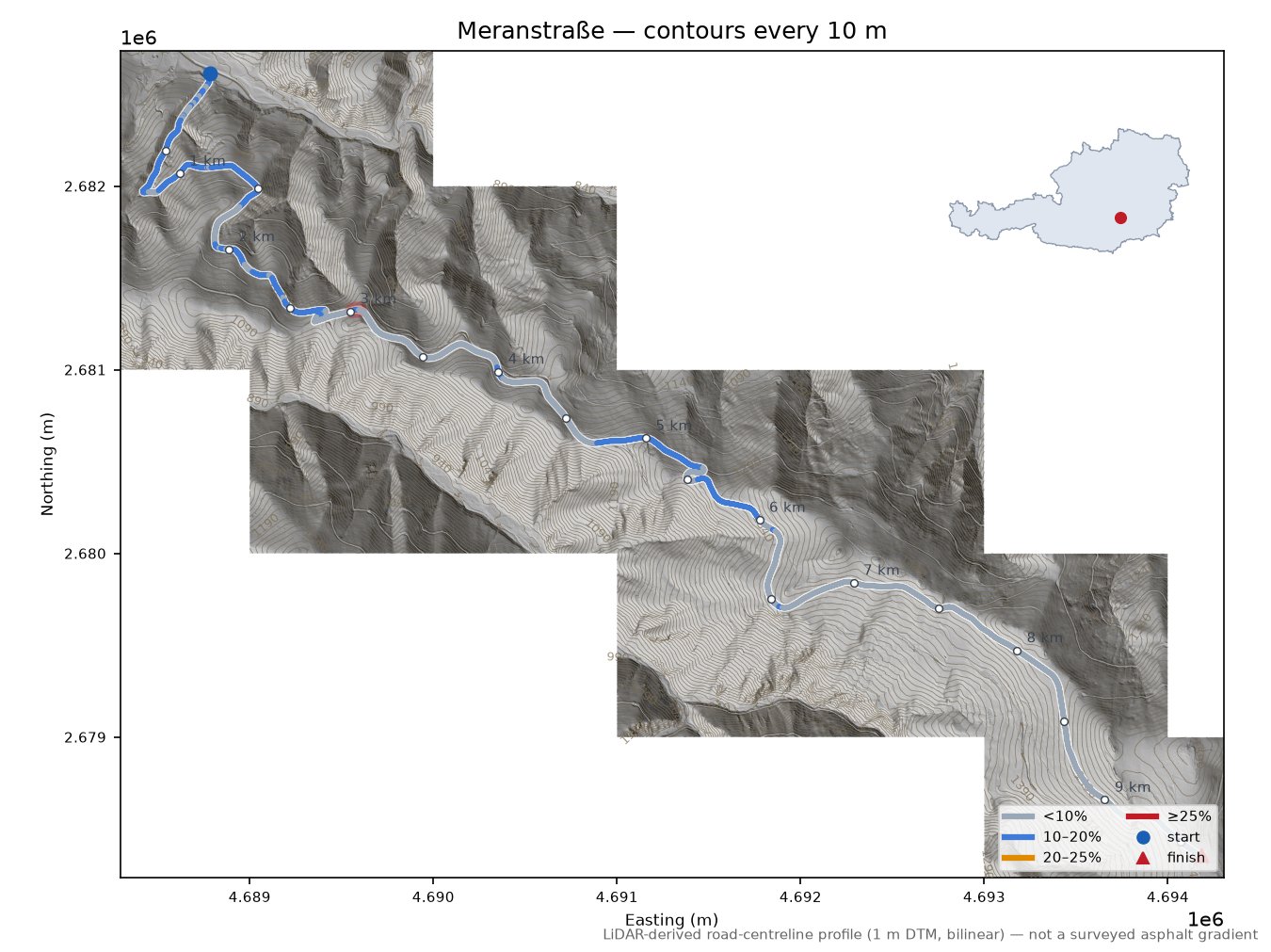 Meranstraße LiDAR hillshade map with contours