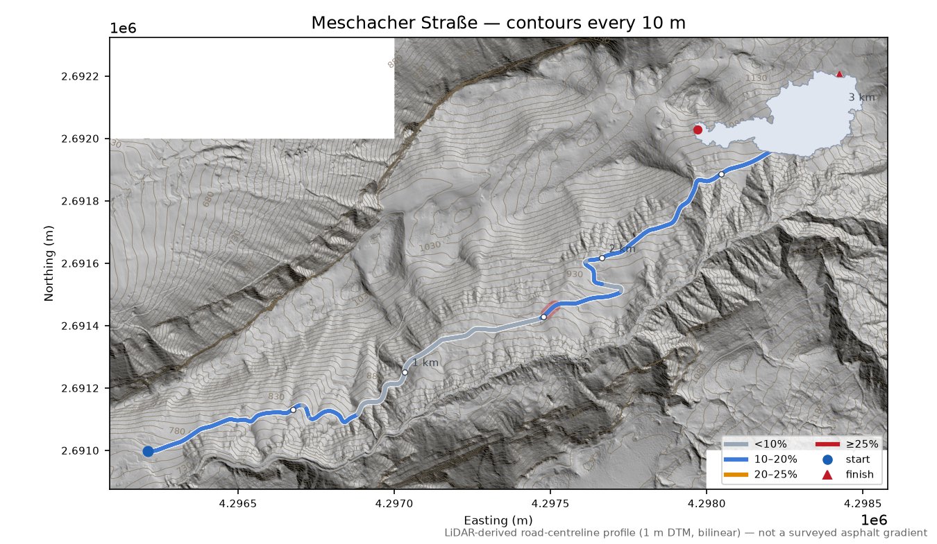 Meschacher Straße LiDAR hillshade map with contours