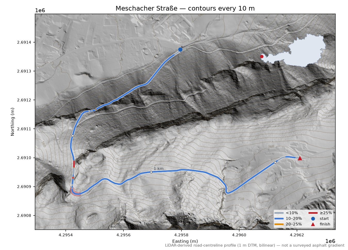 Meschacher Straße LiDAR hillshade map with contours