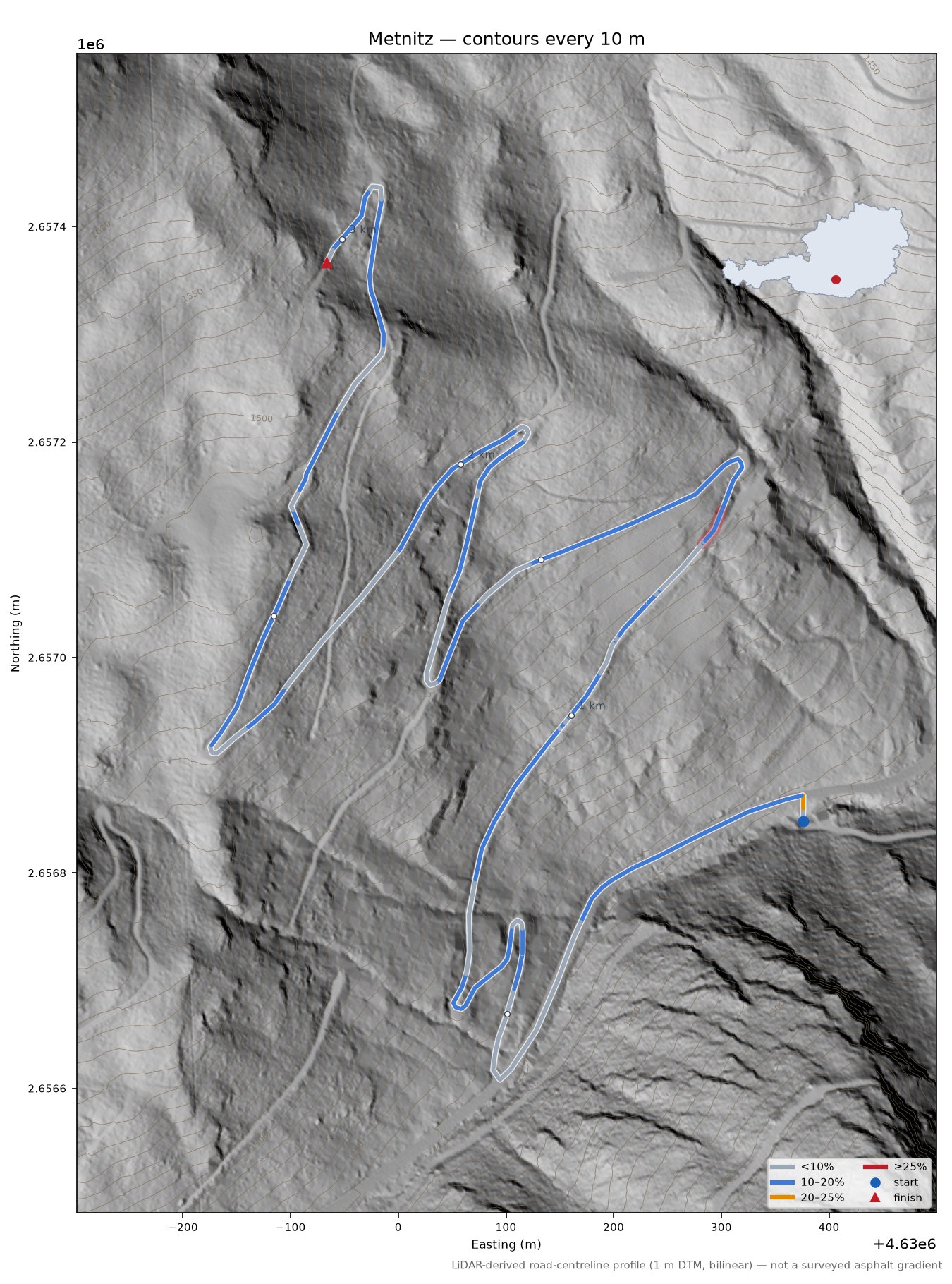Metnitz LiDAR hillshade map with contours