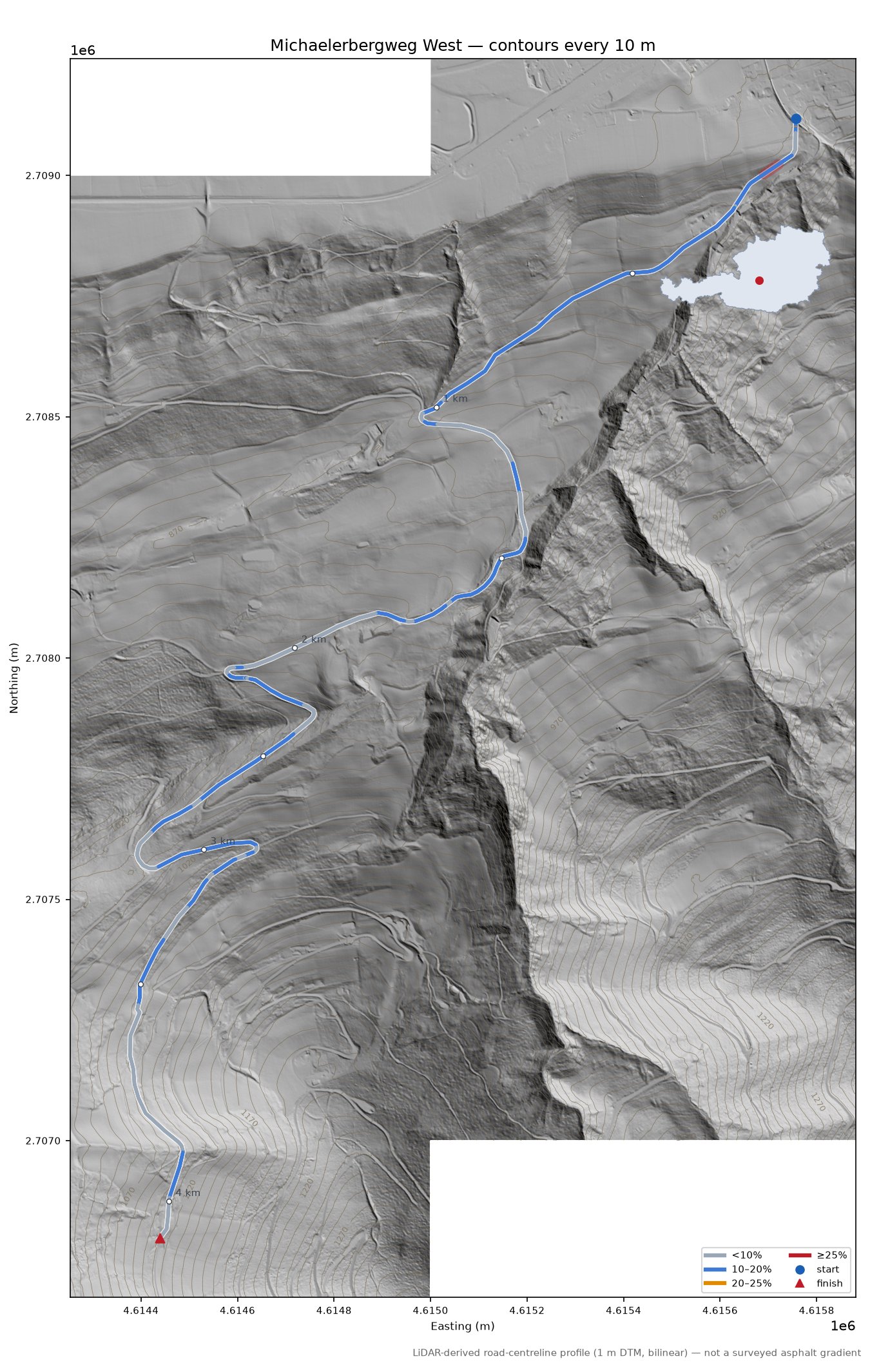 Michaelerbergweg West LiDAR hillshade map with contours