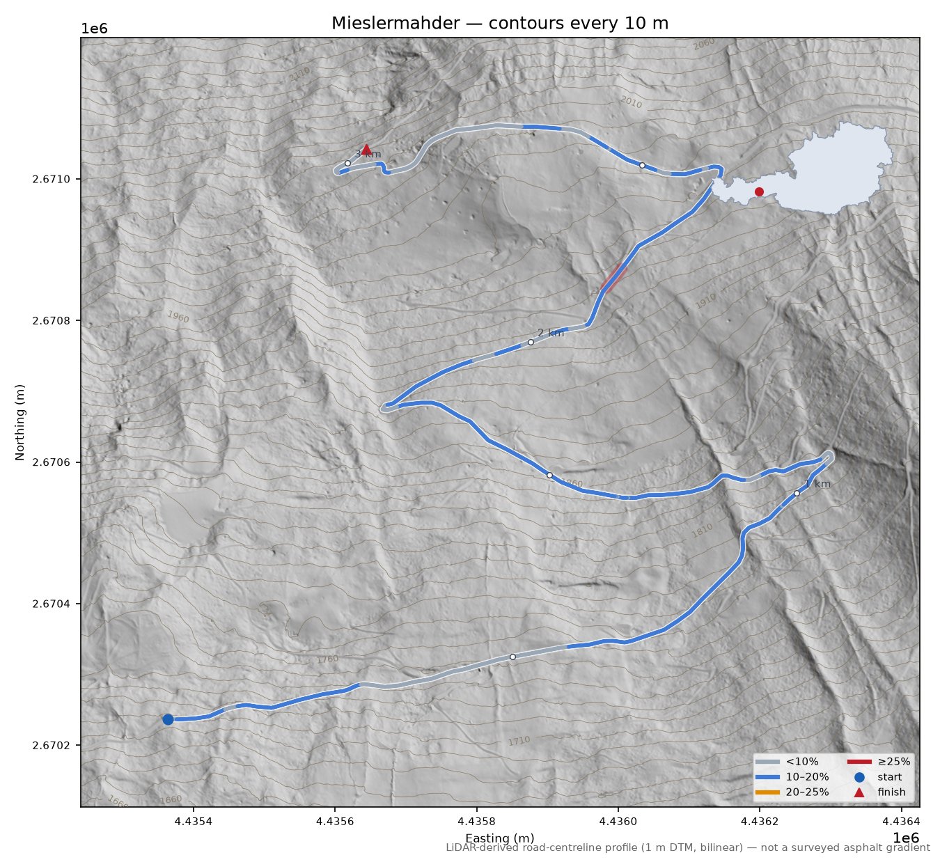 Mieslermahder LiDAR hillshade map with contours