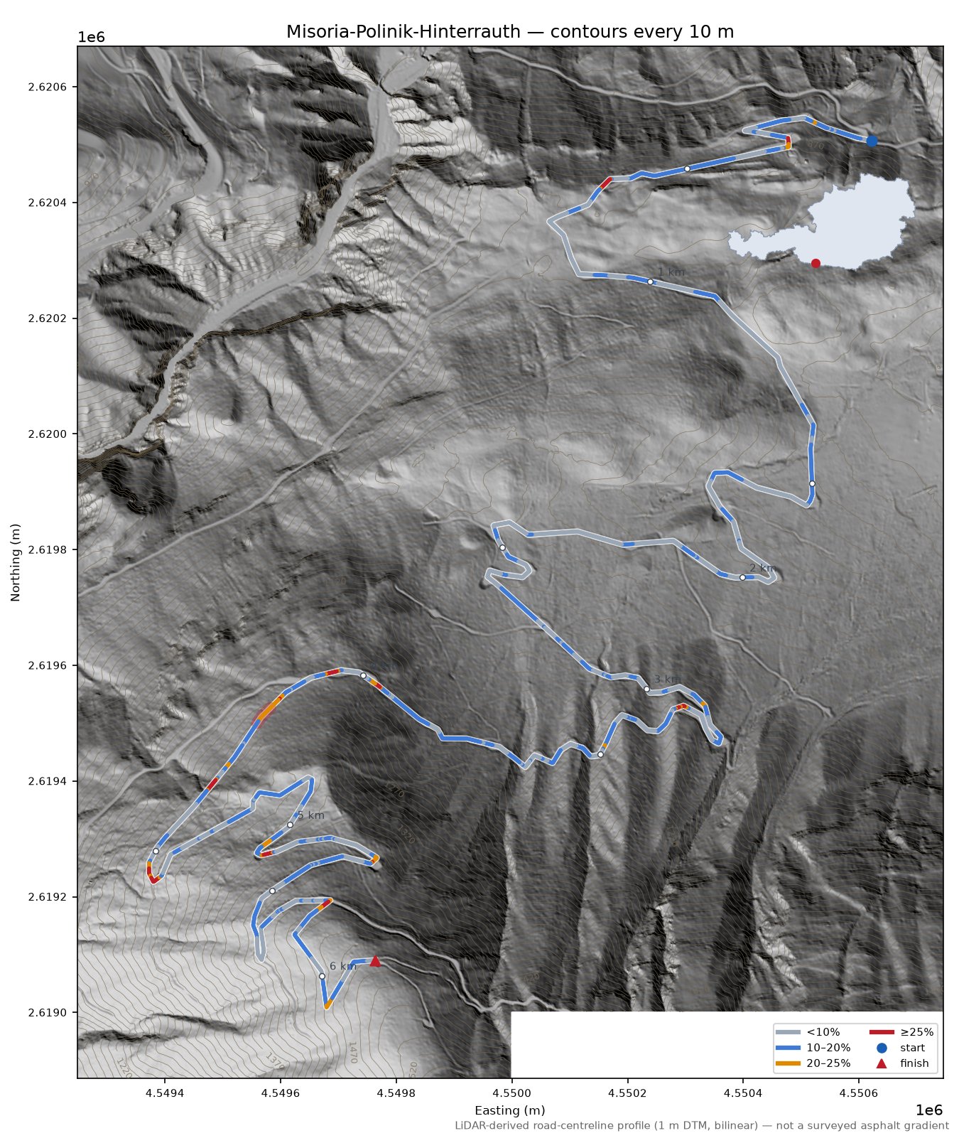 Misoria-Polinik-Hinterrauth LiDAR hillshade map with contours