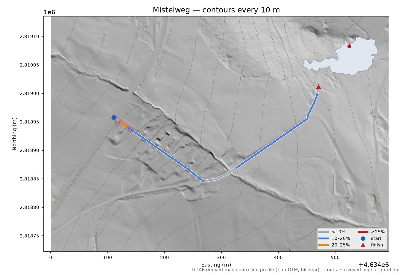 Mistelweg LiDAR hillshade map with contours