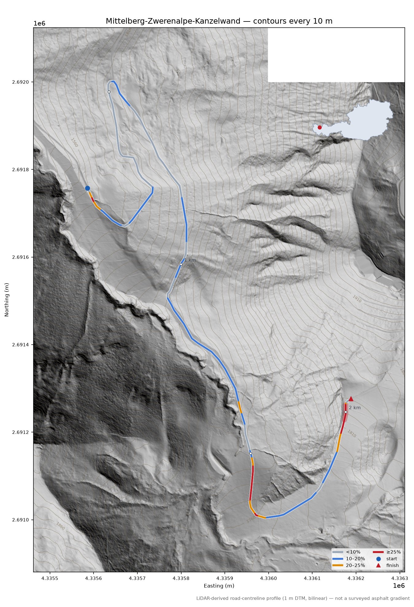 Mittelberg-Zwerenalpe-Kanzelwand LiDAR hillshade map with contours