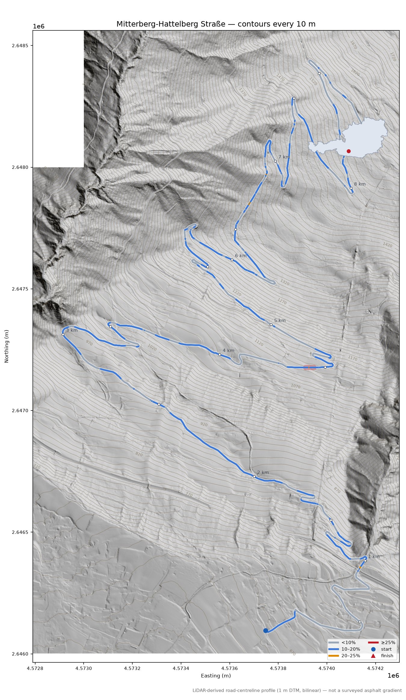 Mitterberg-Hattelberg Straße LiDAR hillshade map with contours