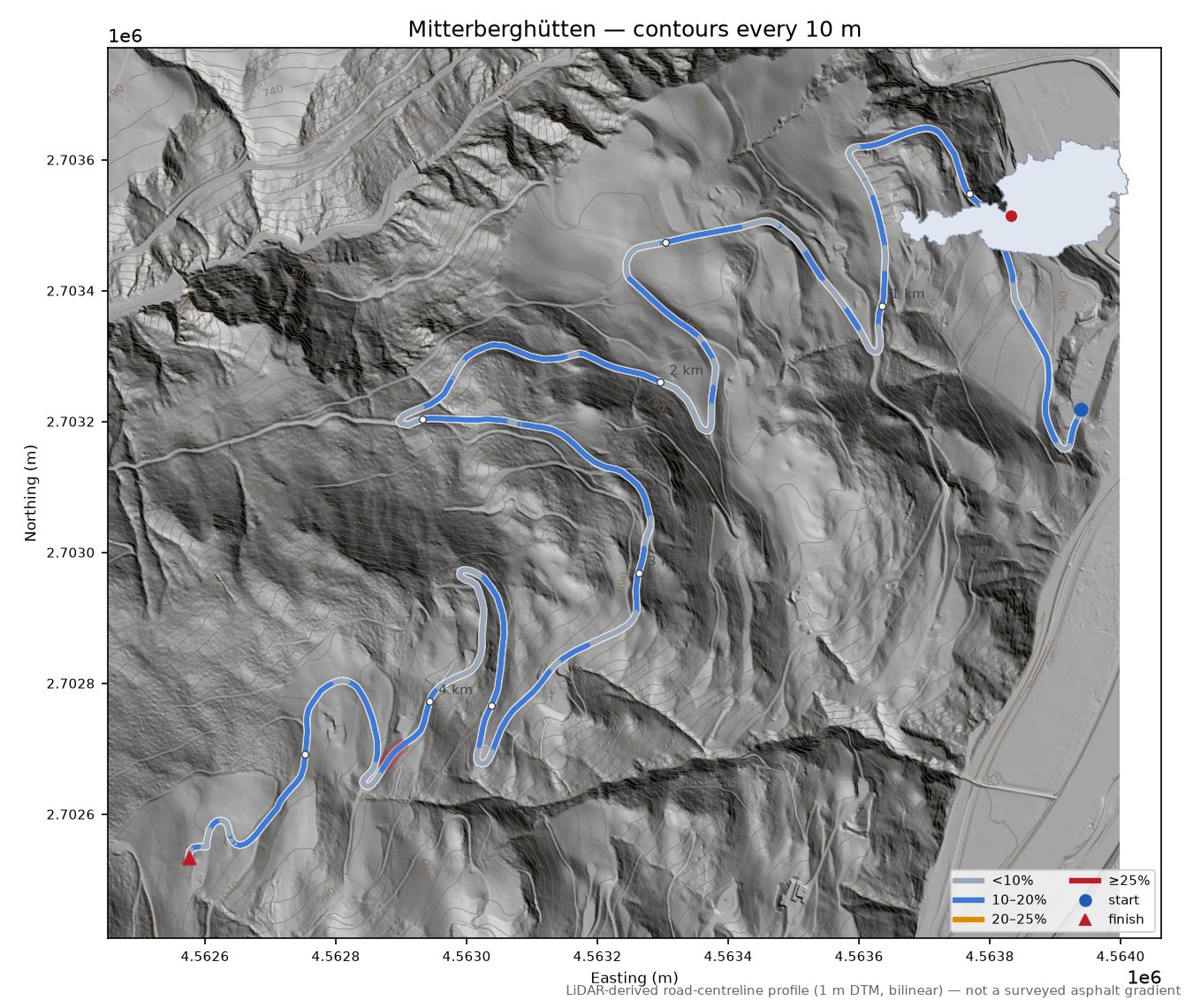 Mitterberghütten LiDAR hillshade map with contours