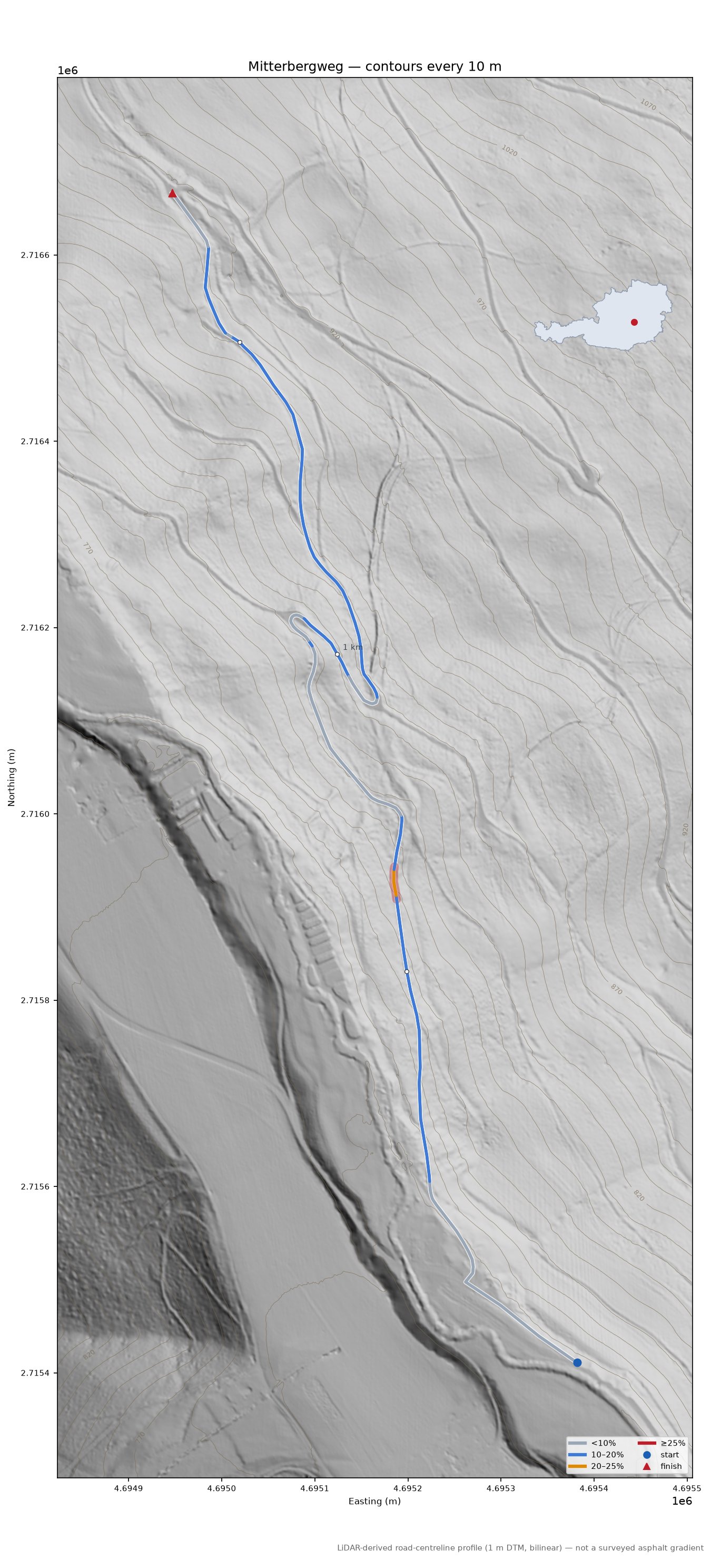 Mitterbergweg LiDAR hillshade map with contours
