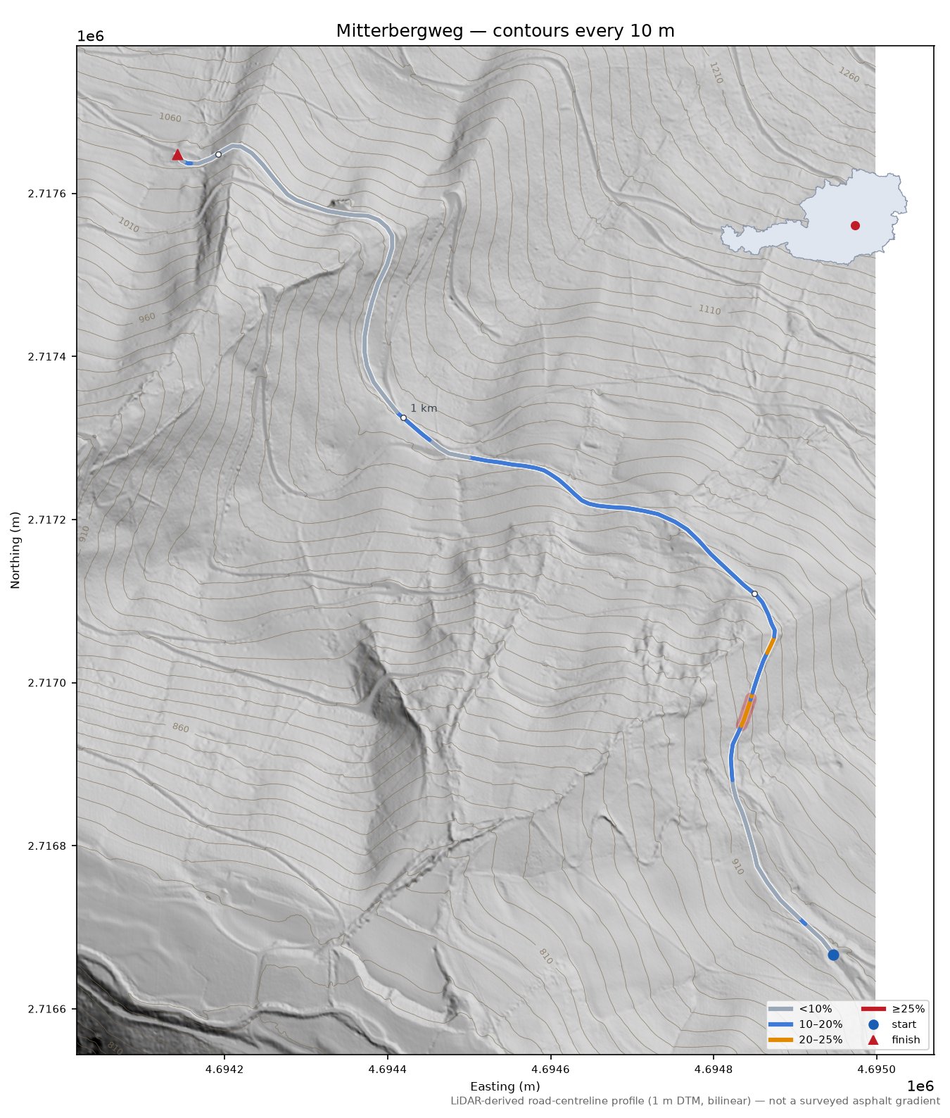 Mitterbergweg LiDAR hillshade map with contours