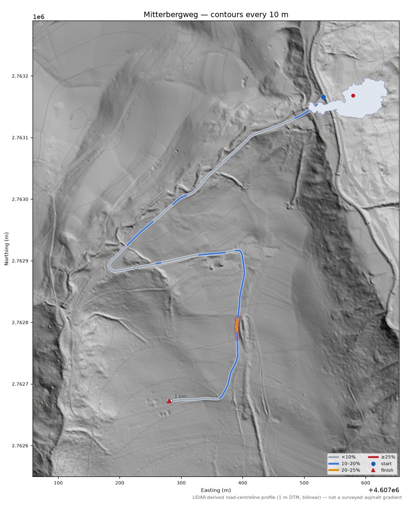 Mitterbergweg LiDAR hillshade map with contours