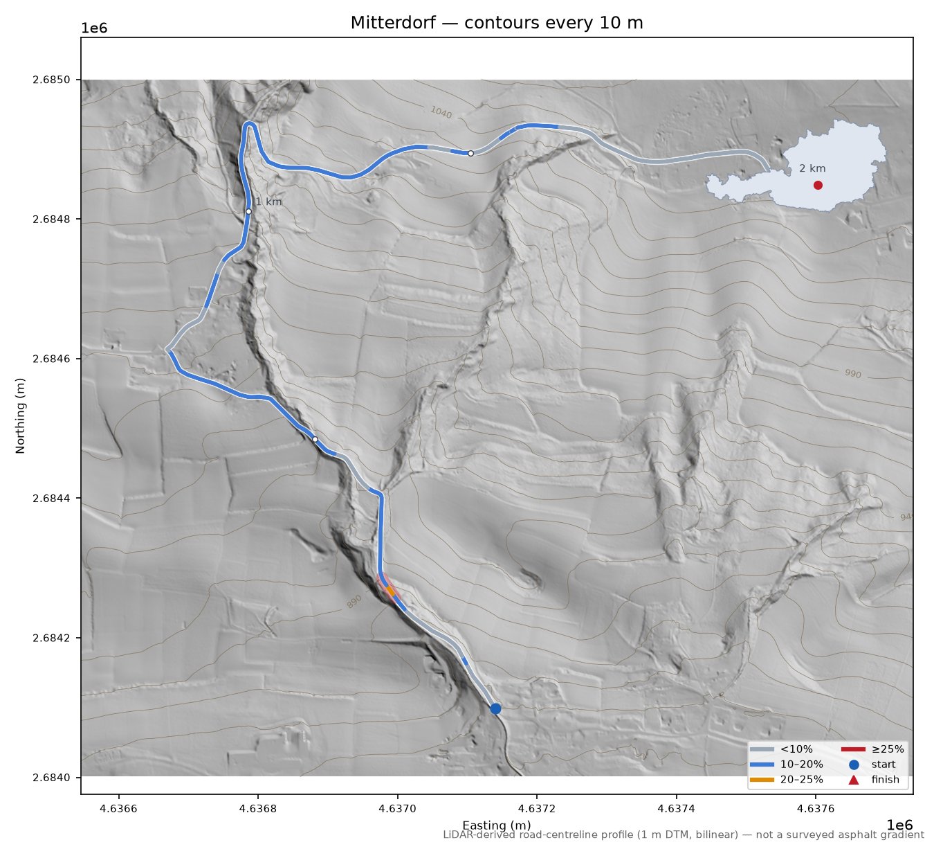 Mitterdorf LiDAR hillshade map with contours