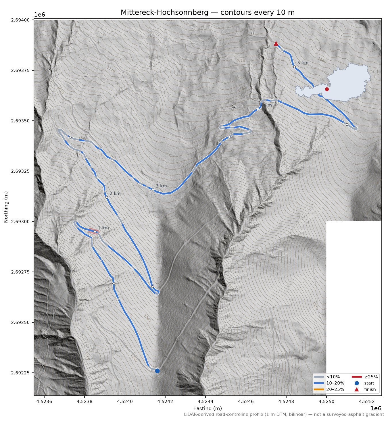 Mittereck-Hochsonnberg LiDAR hillshade map with contours