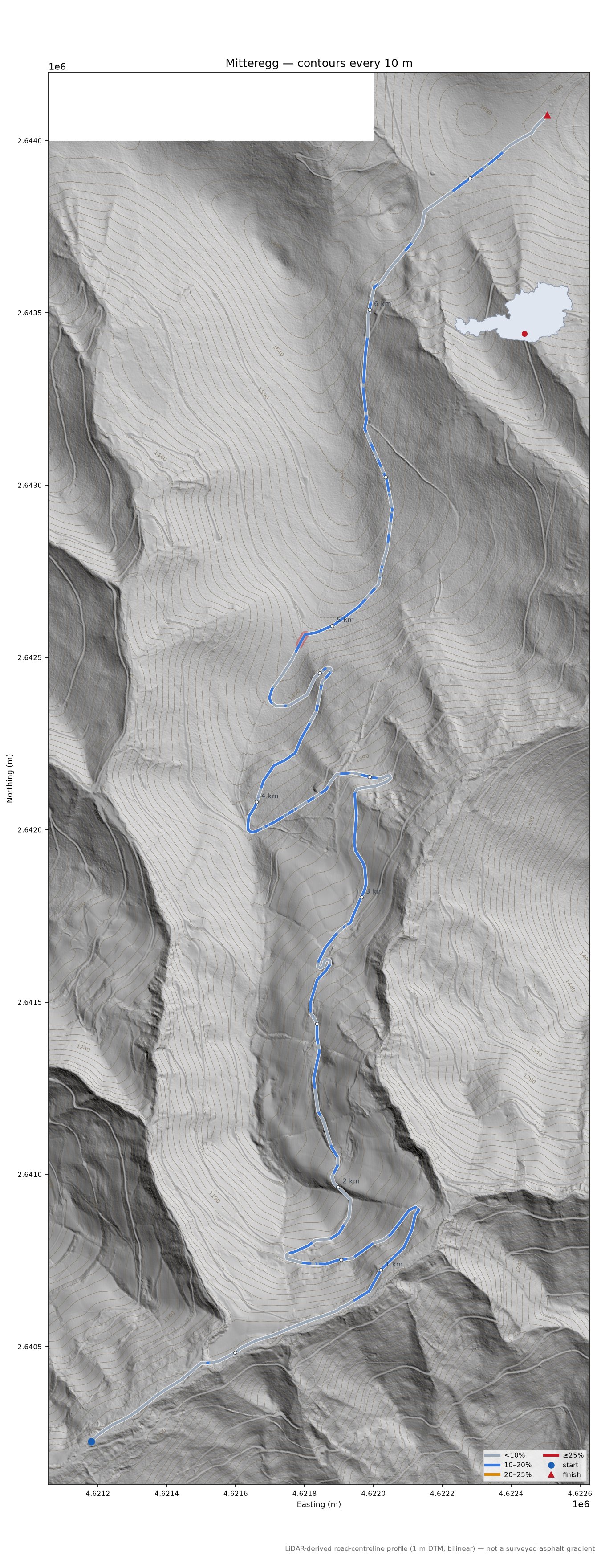 Mitteregg LiDAR hillshade map with contours