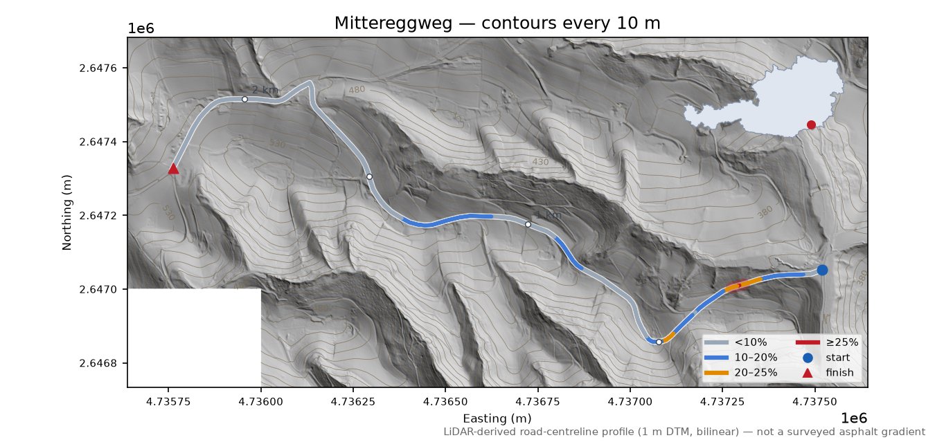 Mittereggweg LiDAR hillshade map with contours