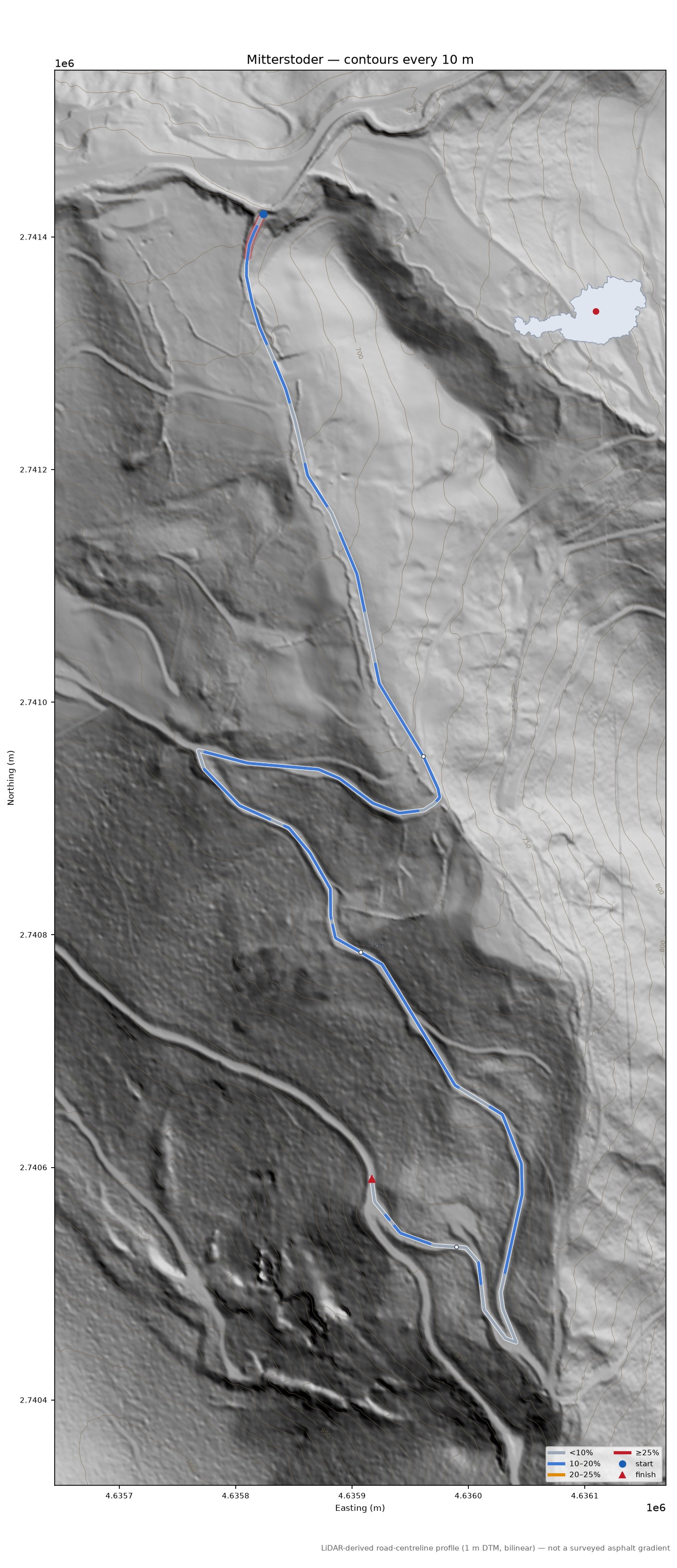 Mitterstoder LiDAR hillshade map with contours