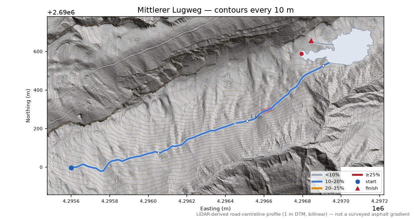 Mittlerer Lugweg LiDAR hillshade map with contours