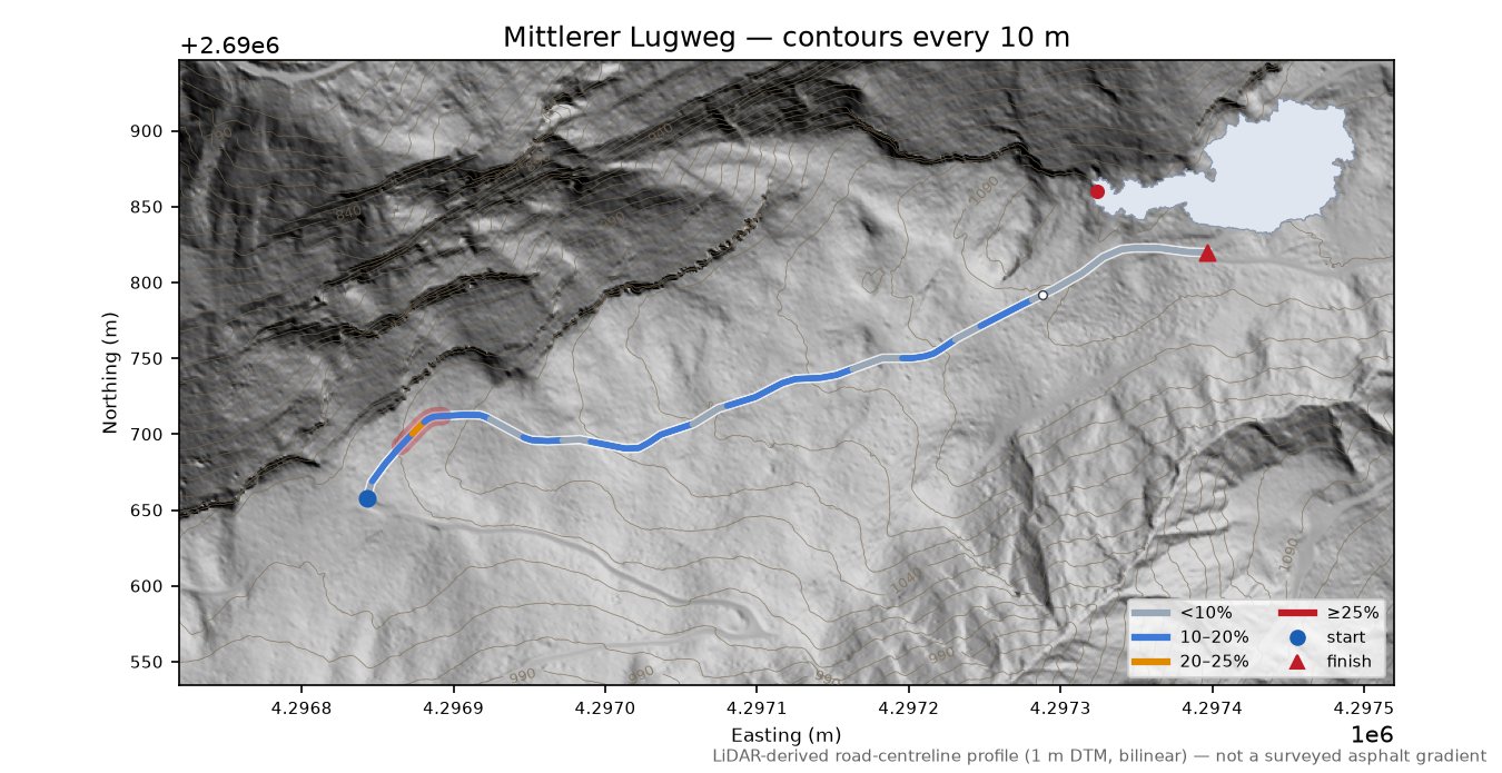 Mittlerer Lugweg LiDAR hillshade map with contours