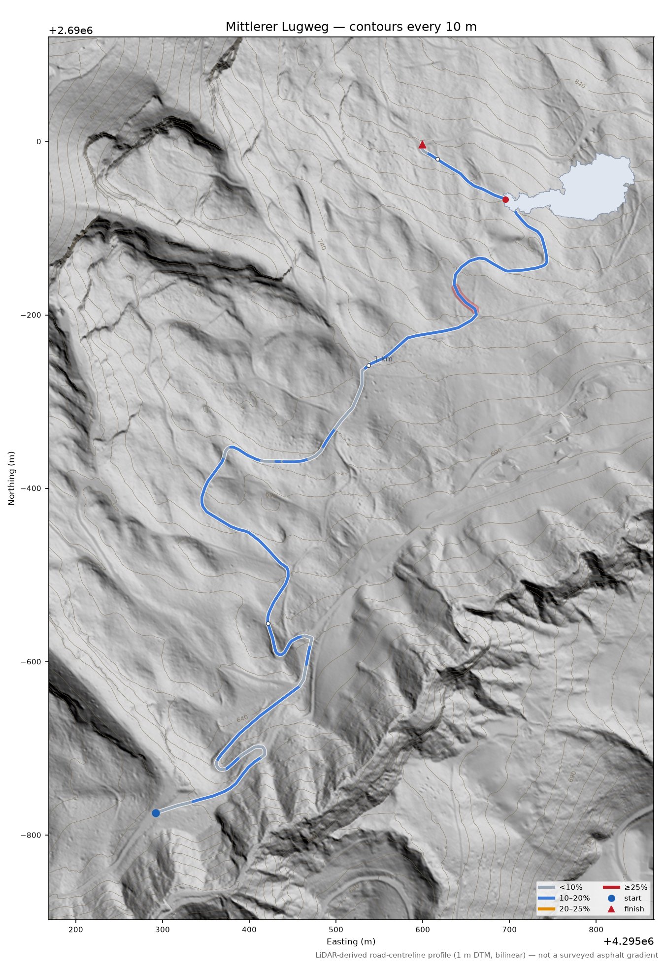 Mittlerer Lugweg LiDAR hillshade map with contours