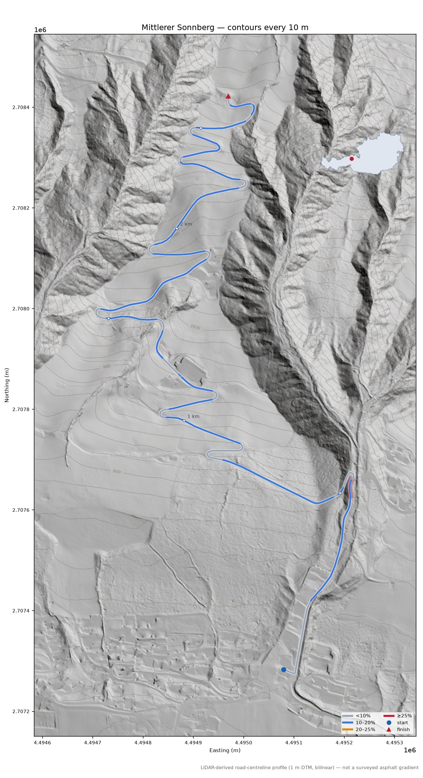 Mittlerer Sonnberg LiDAR hillshade map with contours