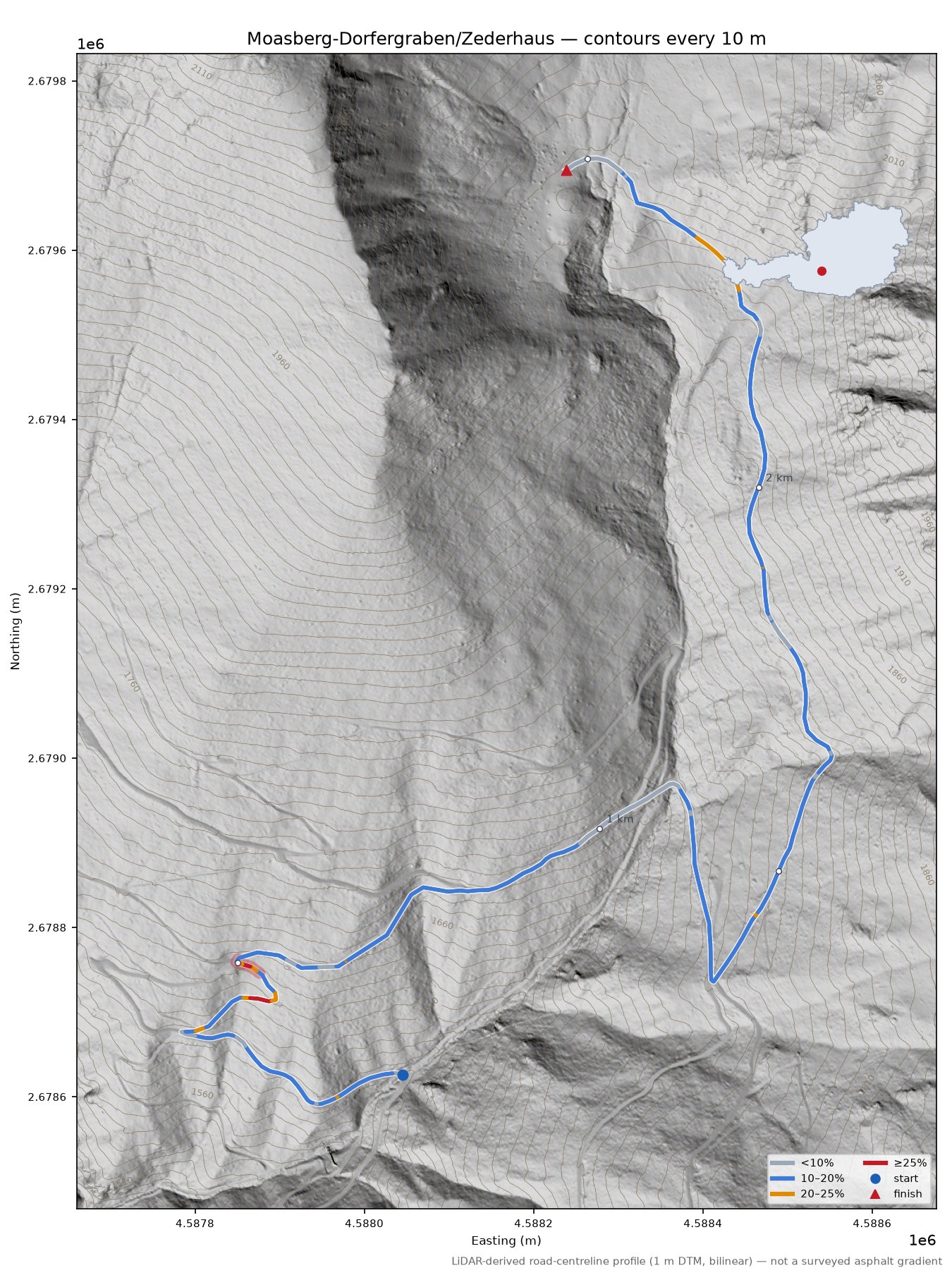 Moasberg-Dorfergraben/Zederhaus LiDAR hillshade map with contours