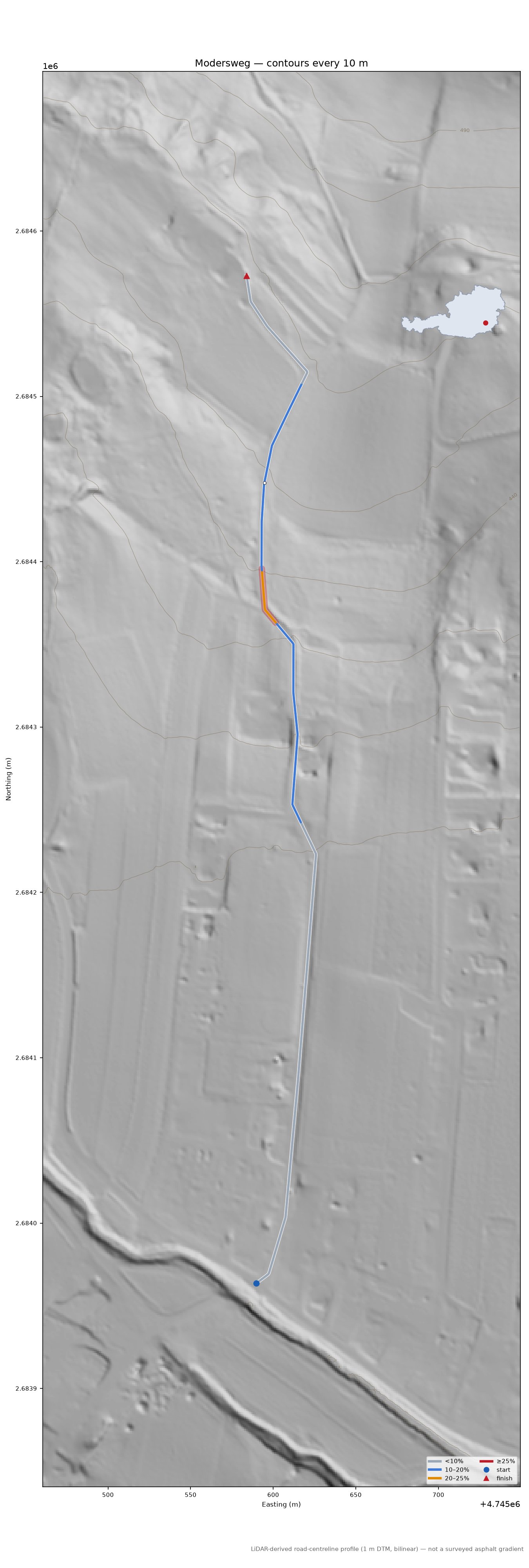 Modersweg LiDAR hillshade map with contours