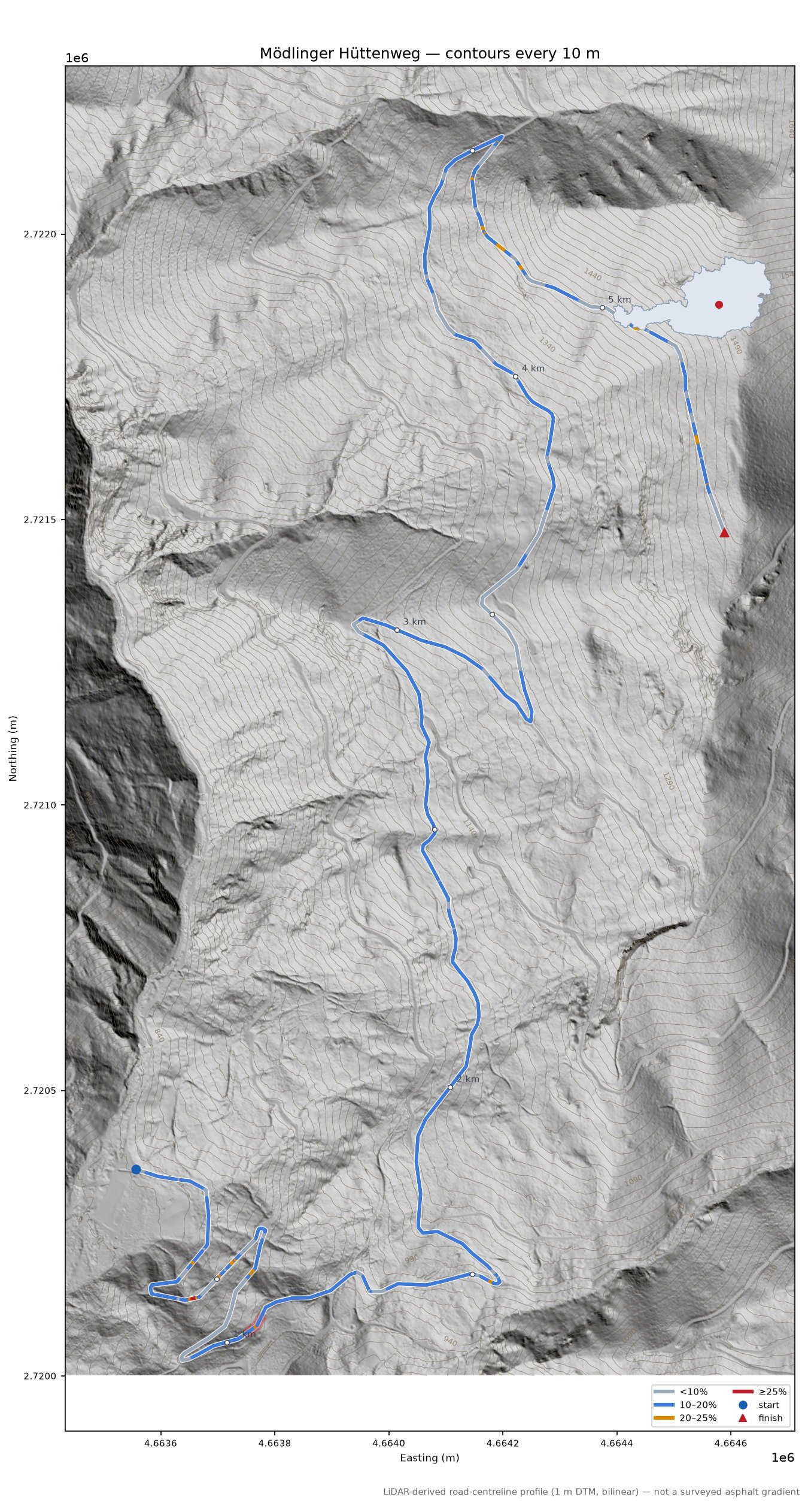 Mödlinger Hüttenweg LiDAR hillshade map with contours