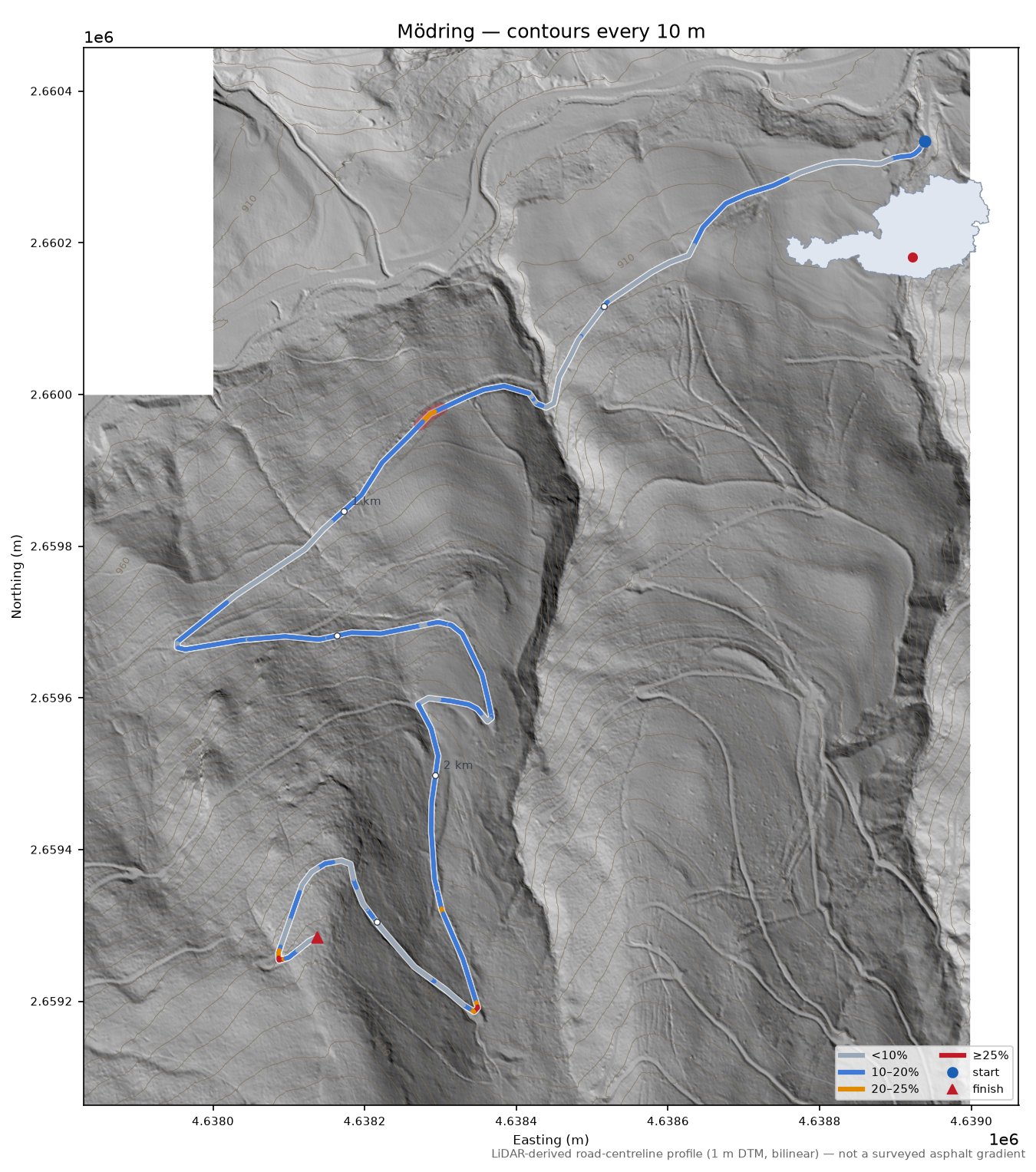Mödring LiDAR hillshade map with contours