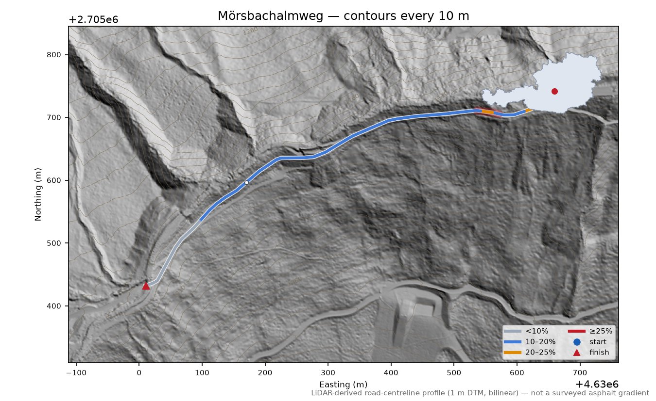 Mörsbachalmweg LiDAR hillshade map with contours