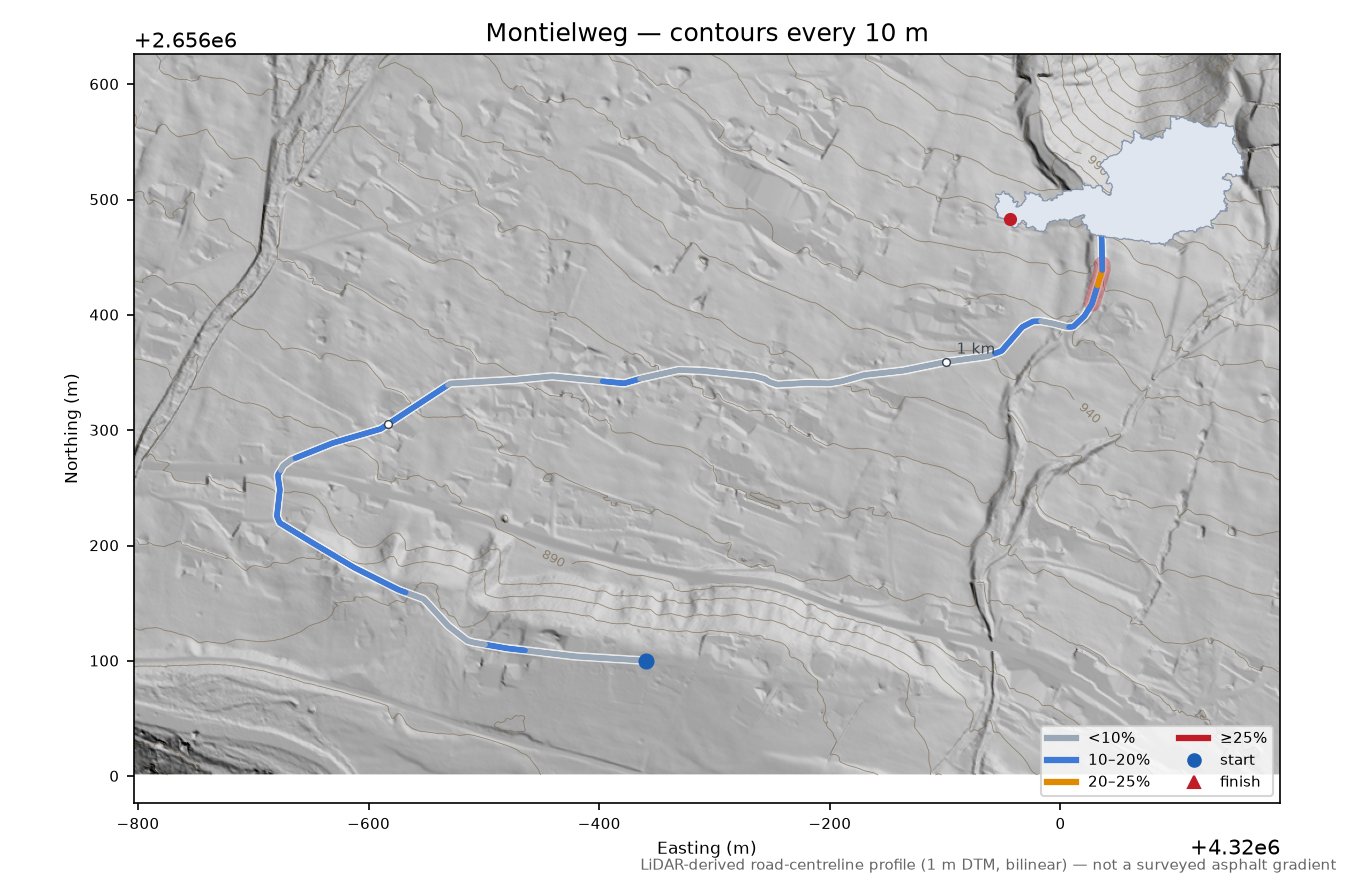 Montielweg LiDAR hillshade map with contours