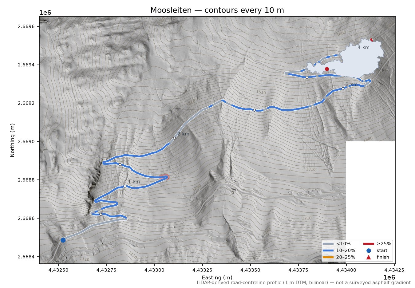Moosleiten LiDAR hillshade map with contours