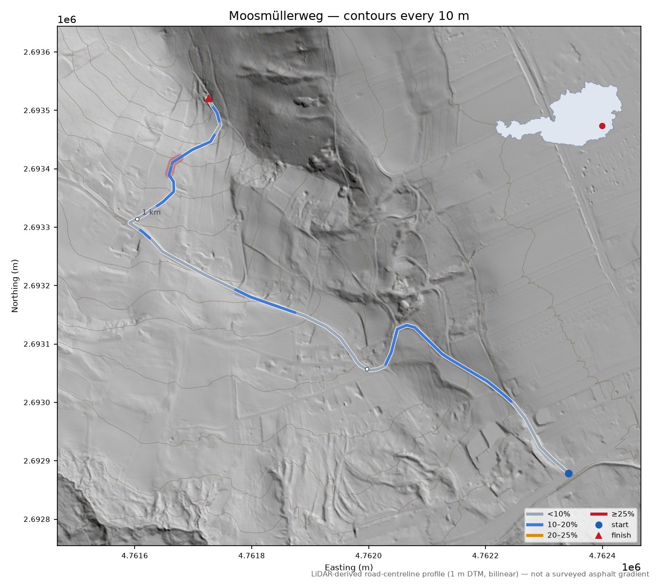 Moosmüllerweg LiDAR hillshade map with contours