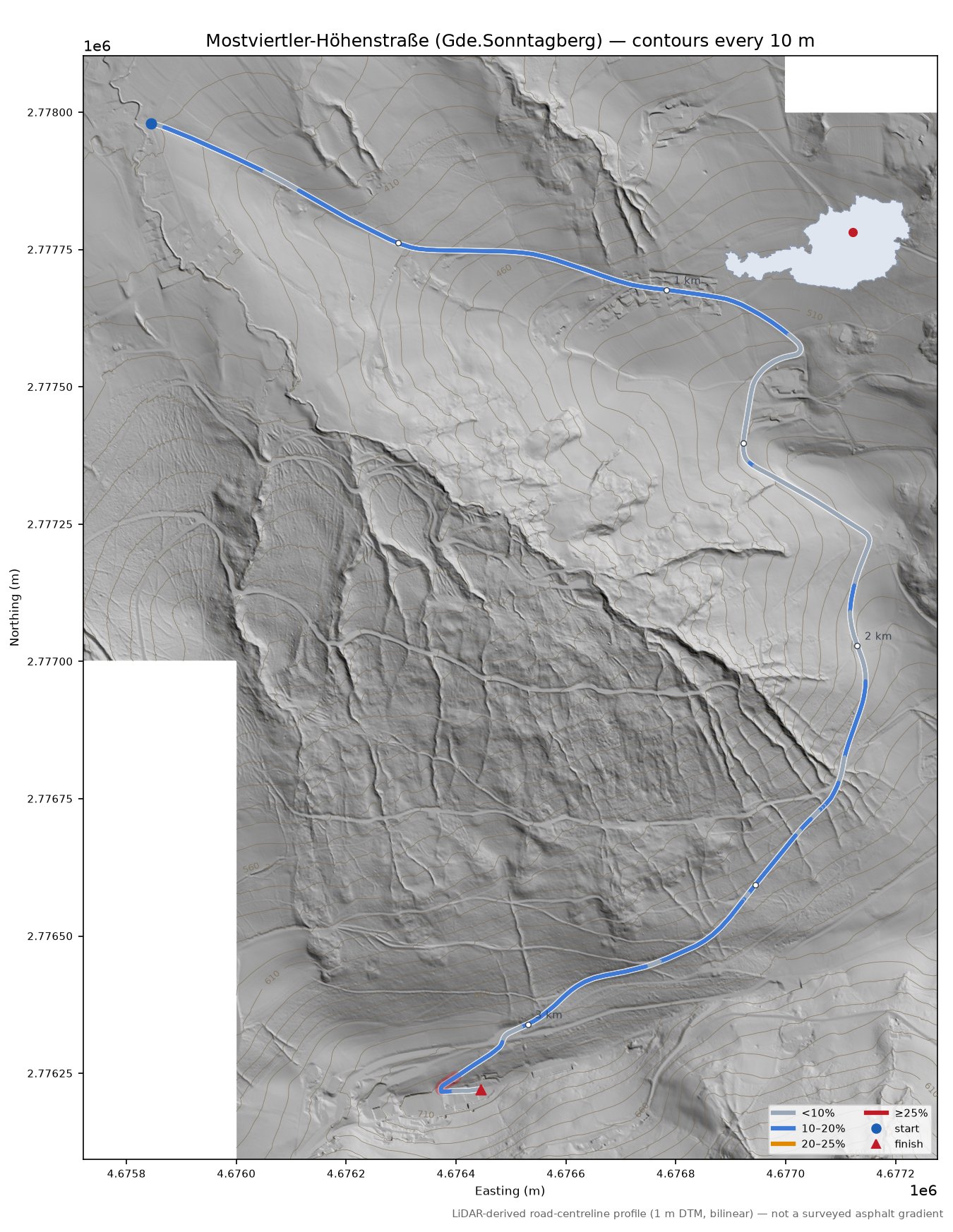 Mostviertler-Höhenstraße (Gde.Sonntagberg) LiDAR hillshade map with contours