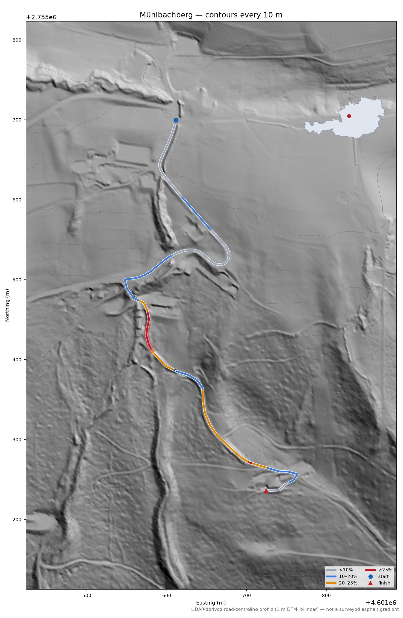 Mühlbachberg LiDAR hillshade map with contours