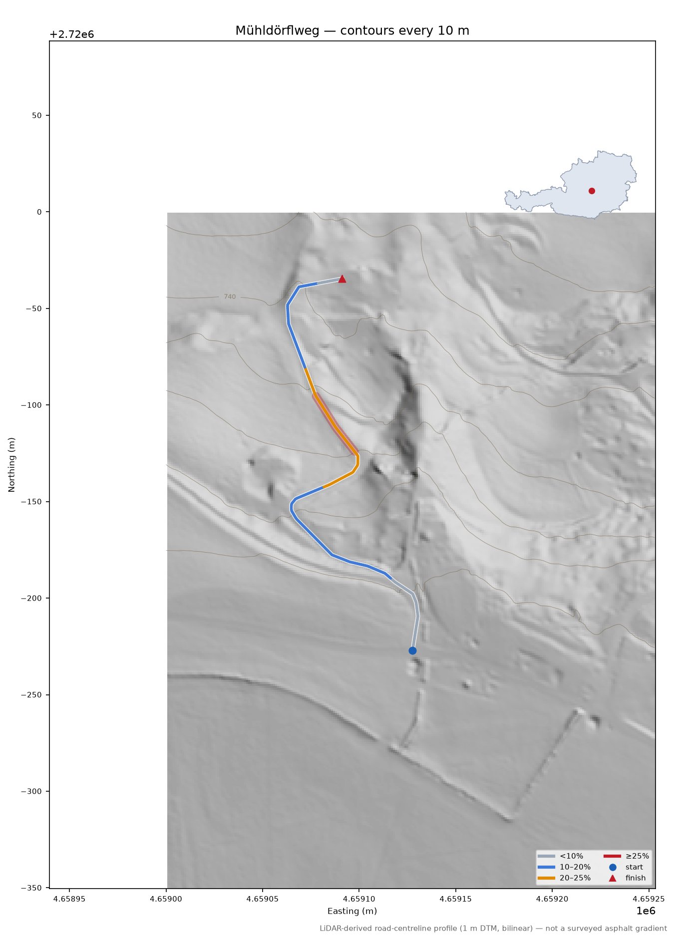 Mühldörflweg LiDAR hillshade map with contours