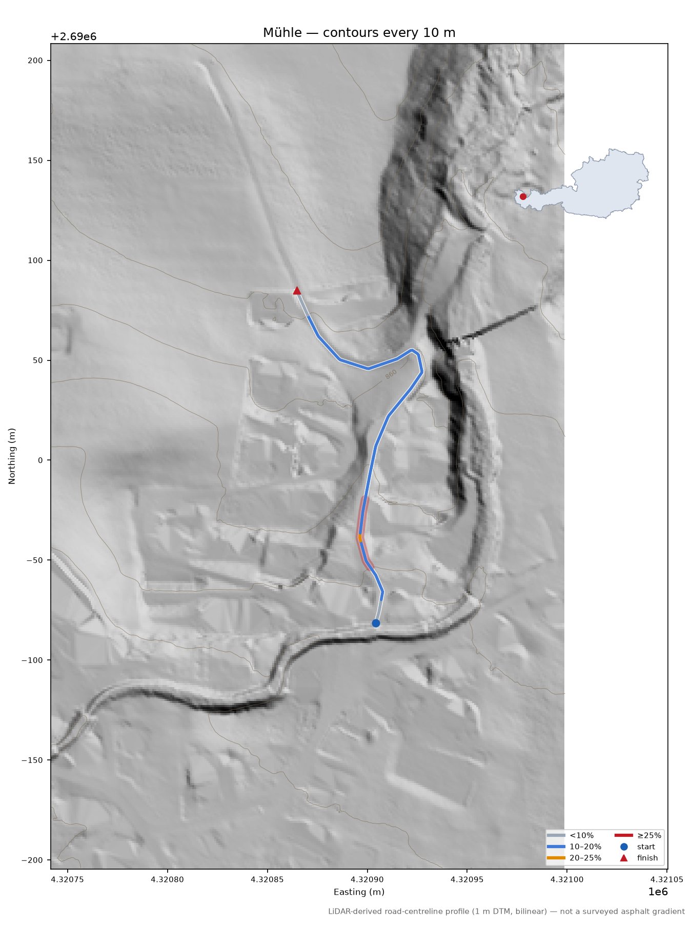 Mühle LiDAR hillshade map with contours