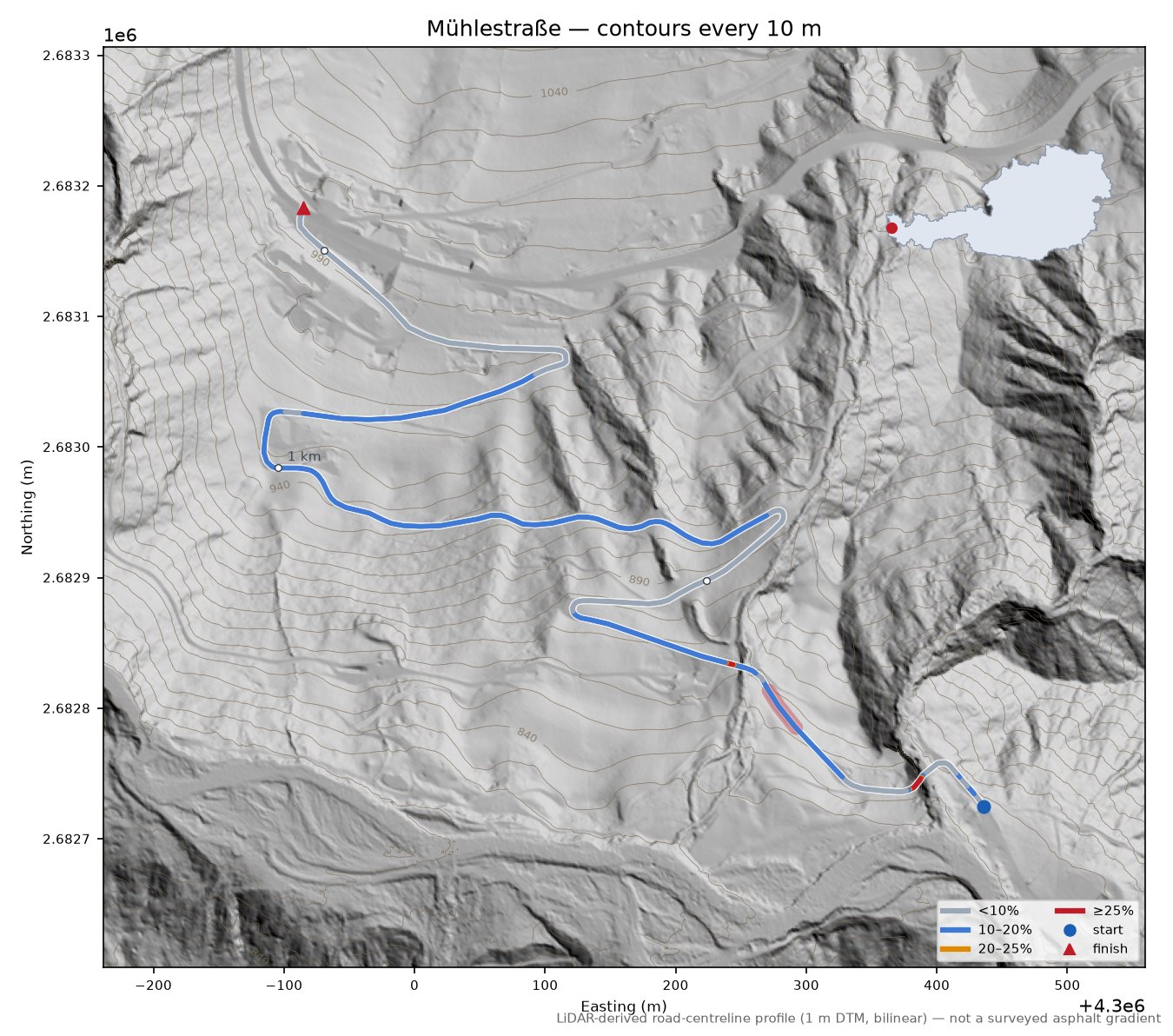 Mühlestraße LiDAR hillshade map with contours