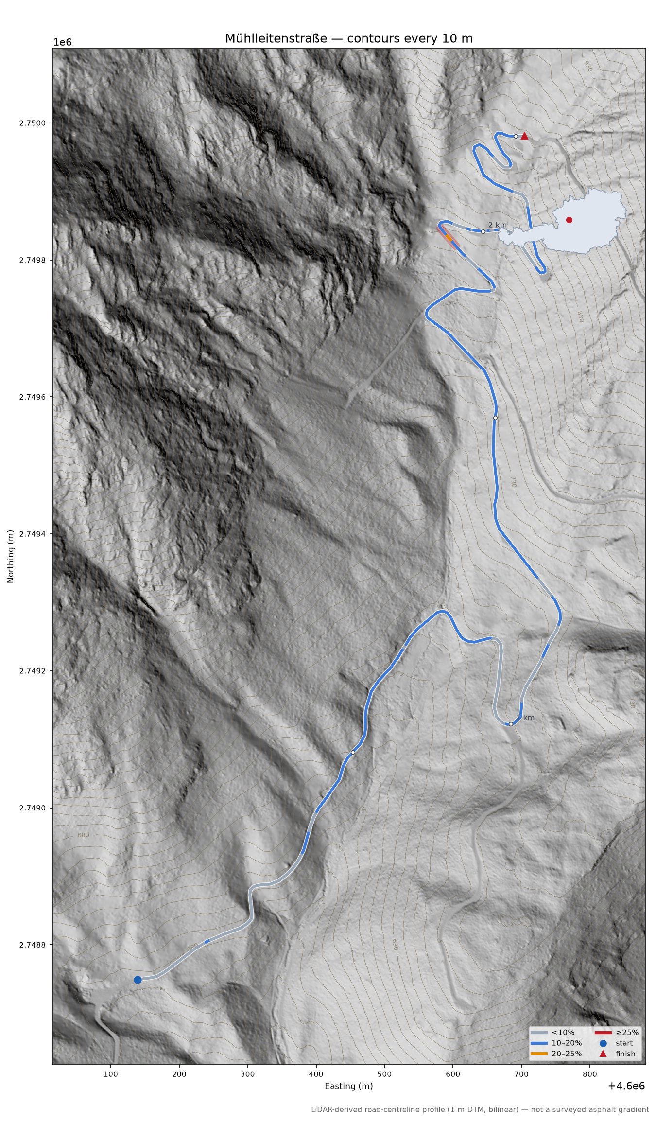 Mühlleitenstraße LiDAR hillshade map with contours