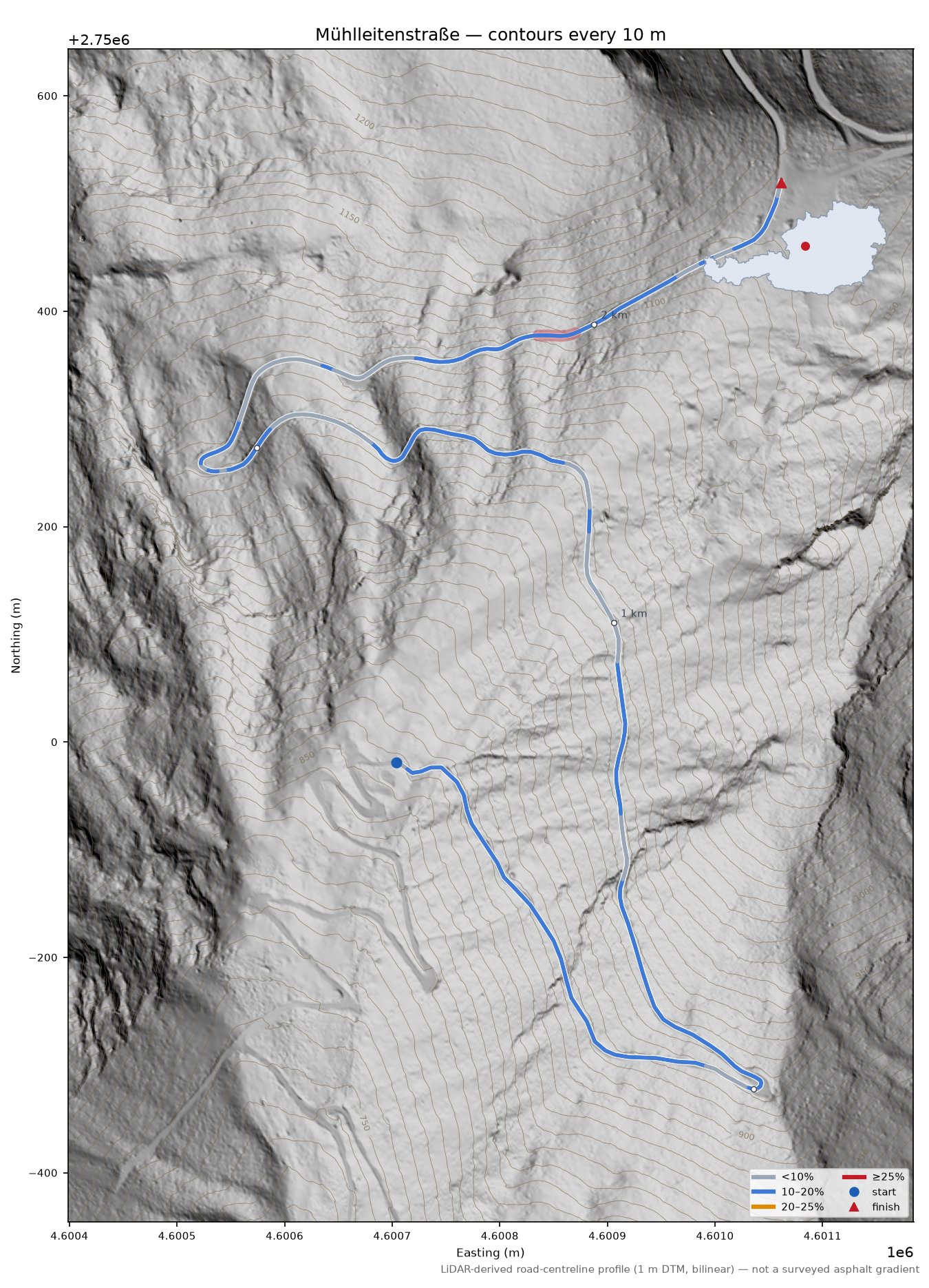 Mühlleitenstraße LiDAR hillshade map with contours