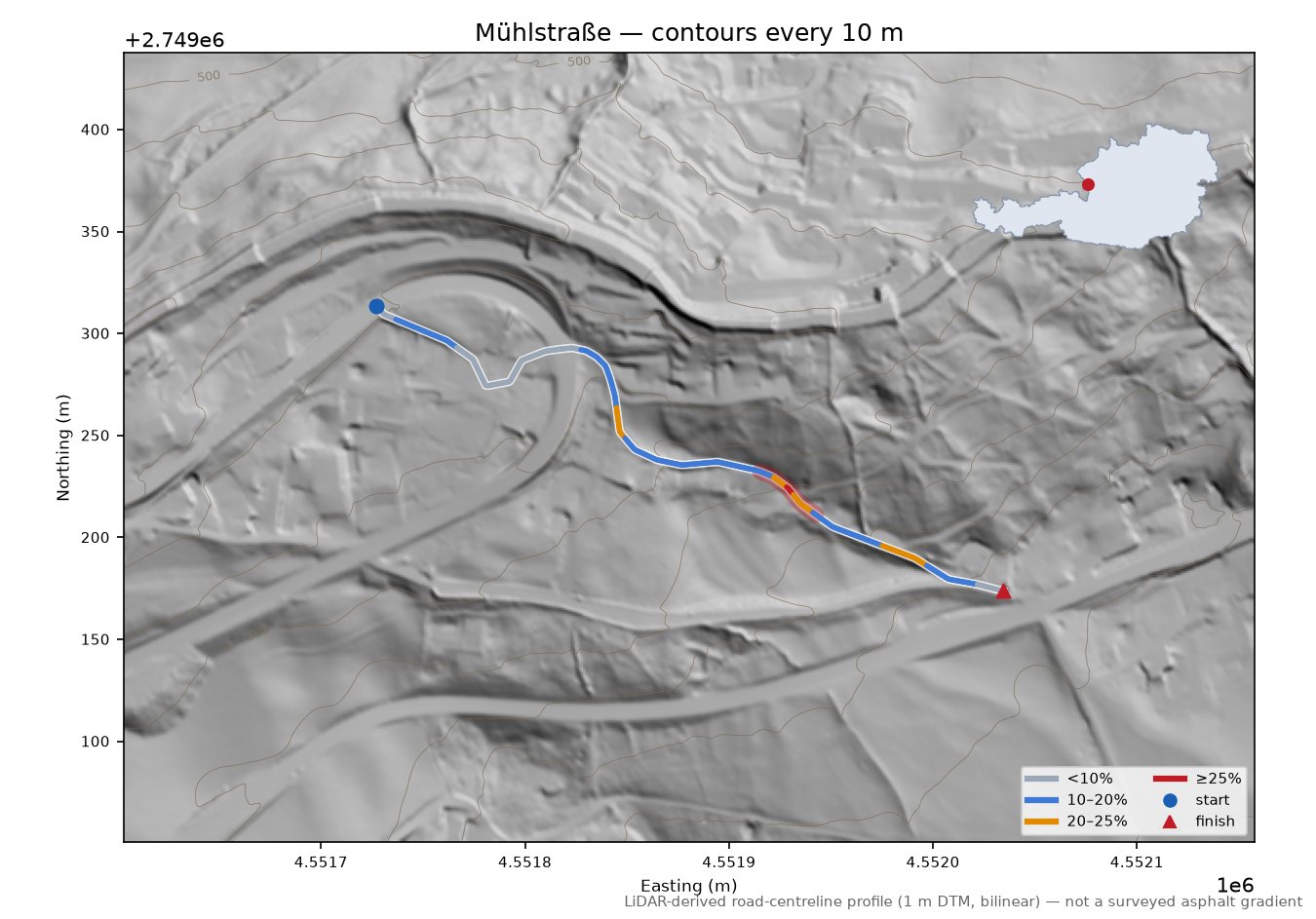 Mühlstraße LiDAR hillshade map with contours