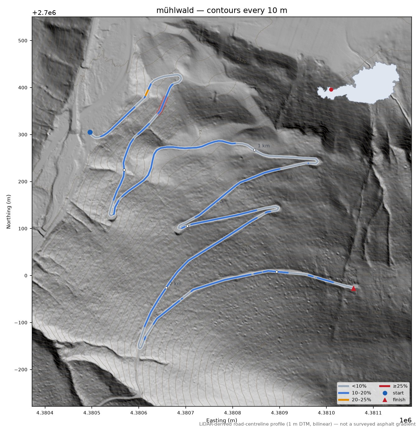 mühlwald LiDAR hillshade map with contours