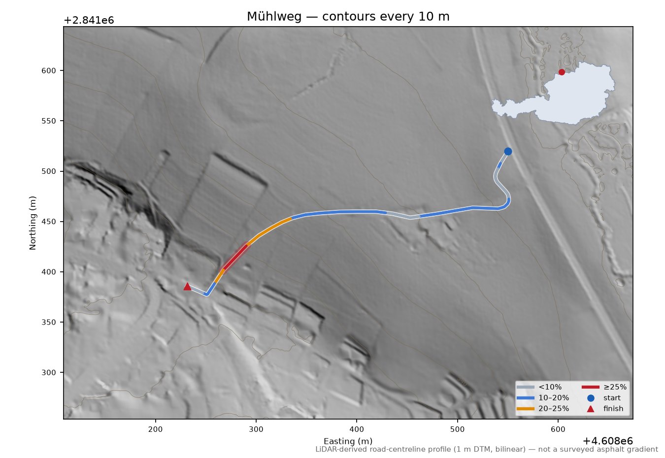 Mühlweg LiDAR hillshade map with contours